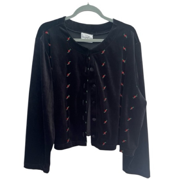 Studio Ease Sweaters - Vintage Studio Ease Black Velour Cardigan Embroidered Flower Holiday Sweater 24W